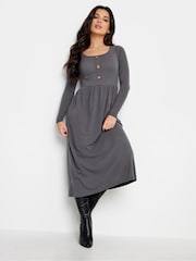 PixieGirl Petite Grey Long Sleeve Ribbed Button Midi Dress - Image 1 of 4