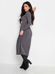 PixieGirl Petite Grey Long Sleeve Ribbed Button Midi Dress - Image 2 of 4