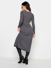 PixieGirl Petite Grey Long Sleeve Ribbed Button Midi Dress - Image 3 of 4