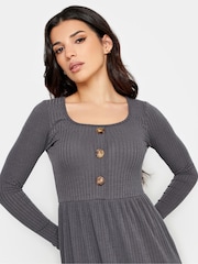 PixieGirl Petite Grey Long Sleeve Ribbed Button Midi Dress - Image 4 of 4