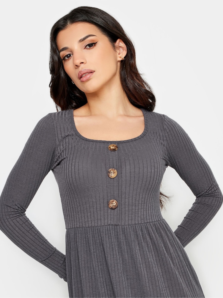 PixieGirl Petite Grey Long Sleeve Ribbed Button Midi Dress - Image 4 of 4