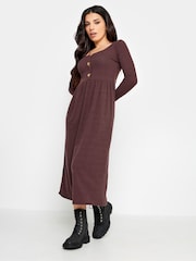 PixieGirl Petite Brown Long Sleeve Ribbed Button Midi Dress - Image 1 of 4