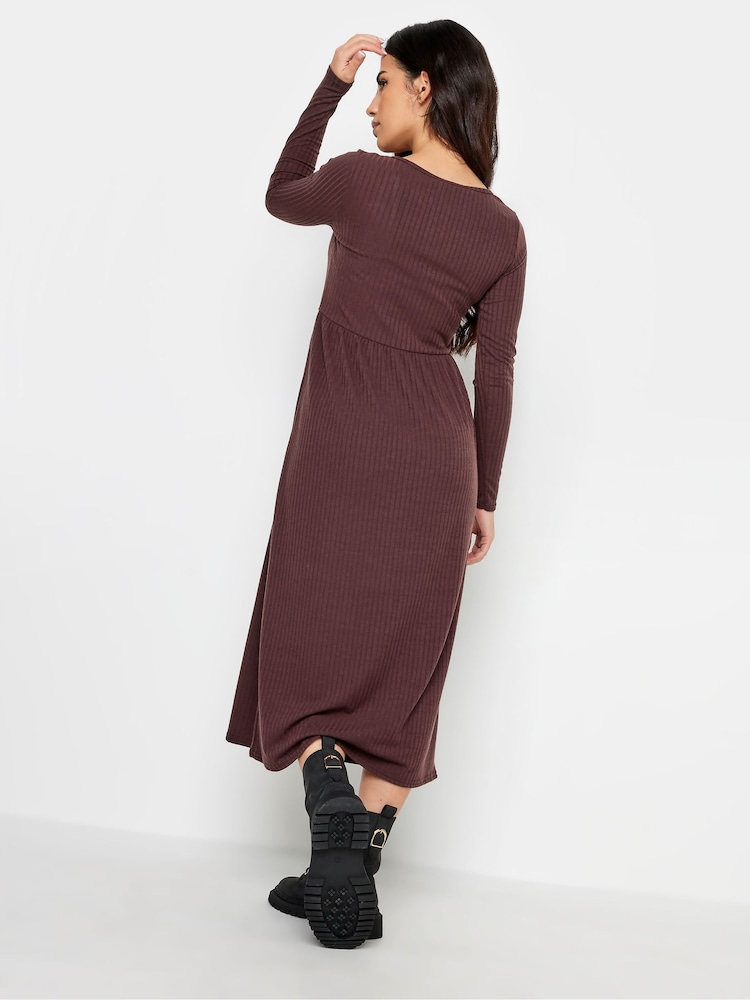 PixieGirl Petite Brown Long Sleeve Ribbed Button Midi Dress - Image 2 of 4