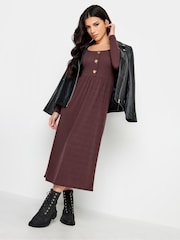 PixieGirl Petite Brown Long Sleeve Ribbed Button Midi Dress - Image 3 of 4