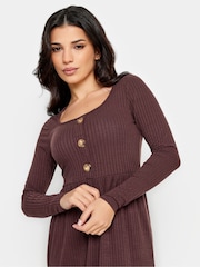 PixieGirl Petite Brown Long Sleeve Ribbed Button Midi Dress - Image 4 of 4