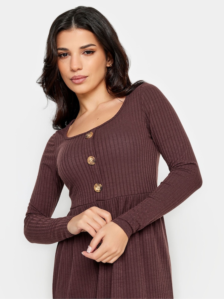 PixieGirl Petite Brown Long Sleeve Ribbed Button Midi Dress - Image 4 of 4