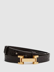 Reiss Chocolate Hayley Leather Square Hinge Belt - Image 1 of 4