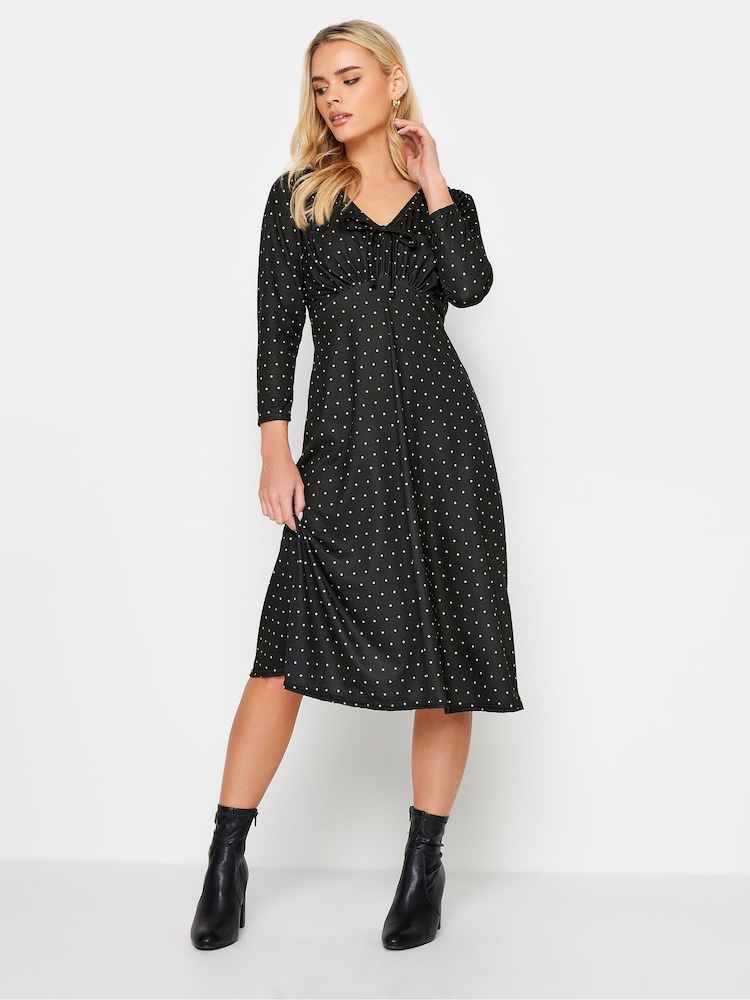 PixieGirl Petite Black V-Neck Tie Front Midi Dress - Image 1 of 5