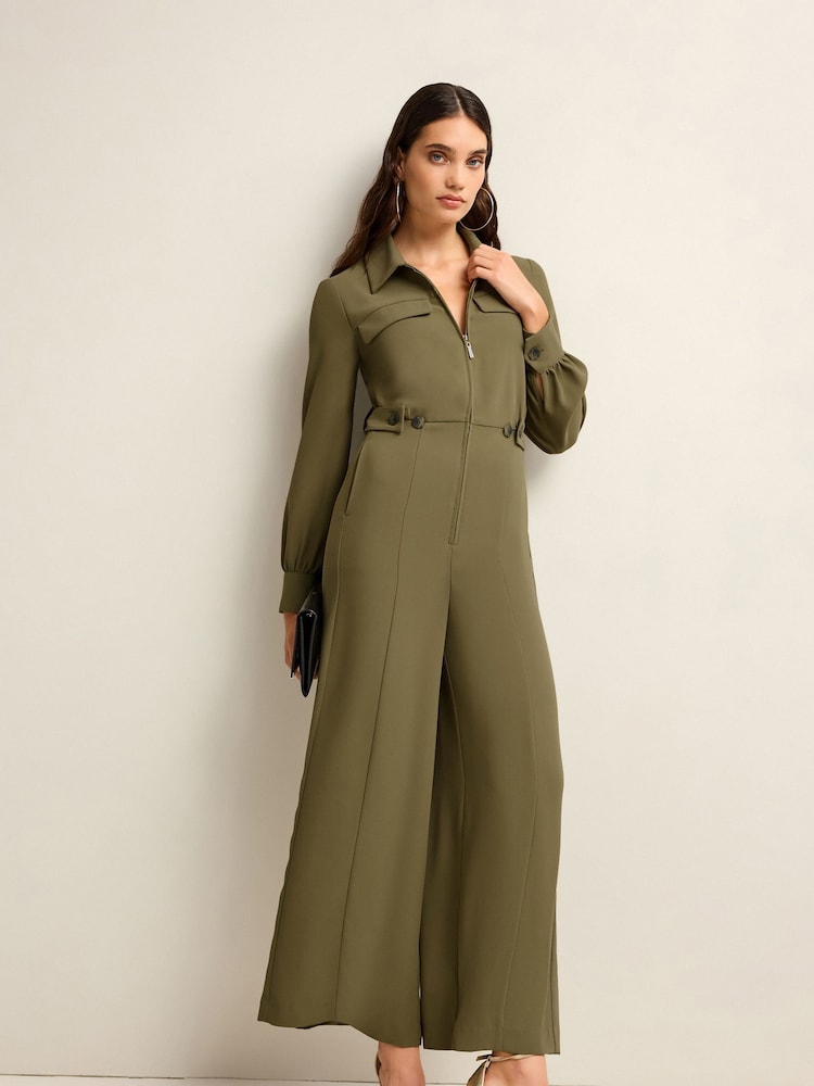 Green Crepe Long Sleeve Wide Leg Jumpsuit - Image 1 of 1 Green Crepe Long Sleeve Wide Leg Jumpsuit - Image 1 of 1