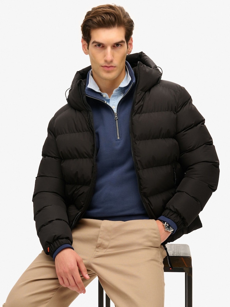Superdry Black Hooded Sports Water-Repellent Puffer Coat Jacket - Image 1 of 6