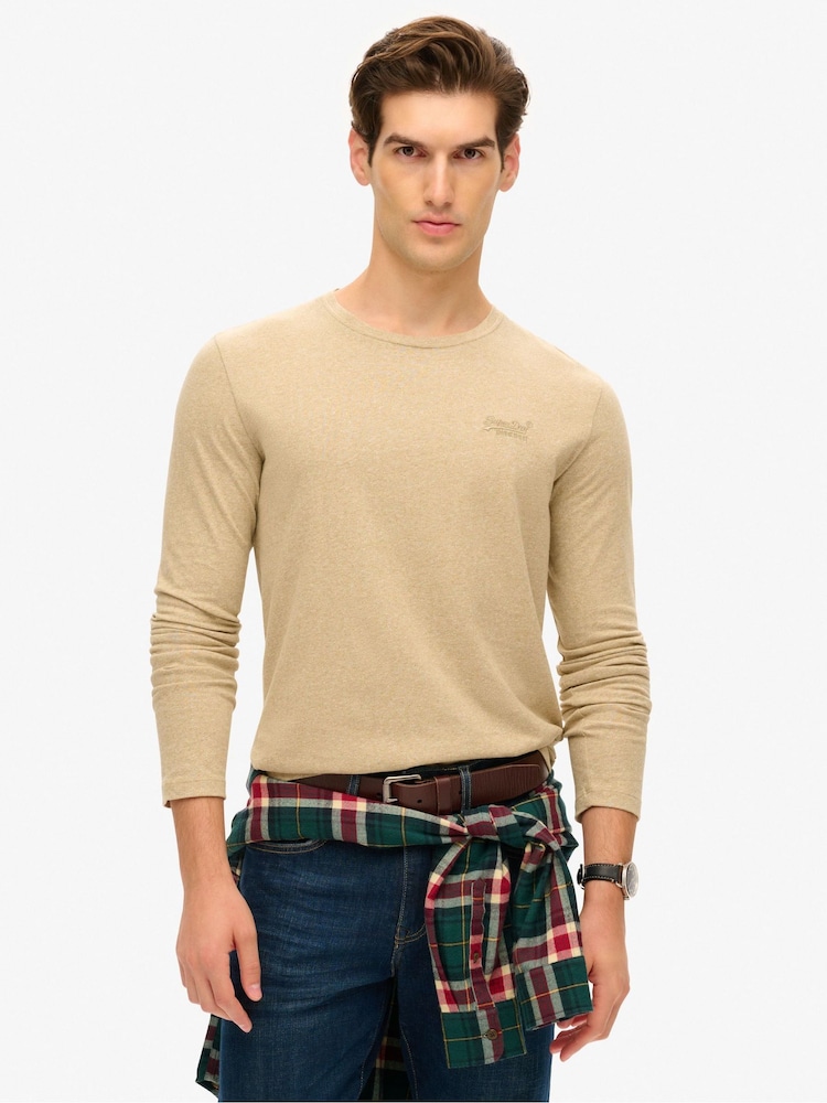 Superdry Brown Fleck Marl 100% Cotton Essential Logo Long Sleeve Top - Image 1 of 6 Superdry Brown Fleck Marl 100% Cotton Essential Logo Long Sleeve Top - Image 1 of 6