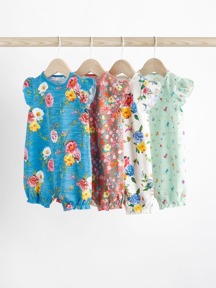 Green/Blue/Red Floral Baby Rompers 4 Pack - Image 1 of 7