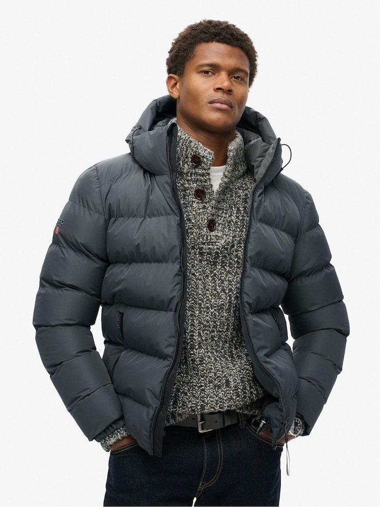 Superdry Grey Hooded Sports Water-Repellent Puffer Coat Jacket - Image 1 of 5