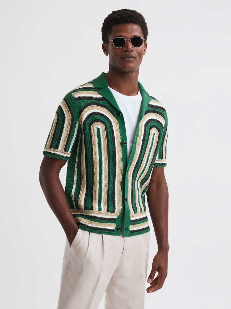 Reiss Bright Green Columbia Crochet Cuban Collar Shirt - Image 1 of 4