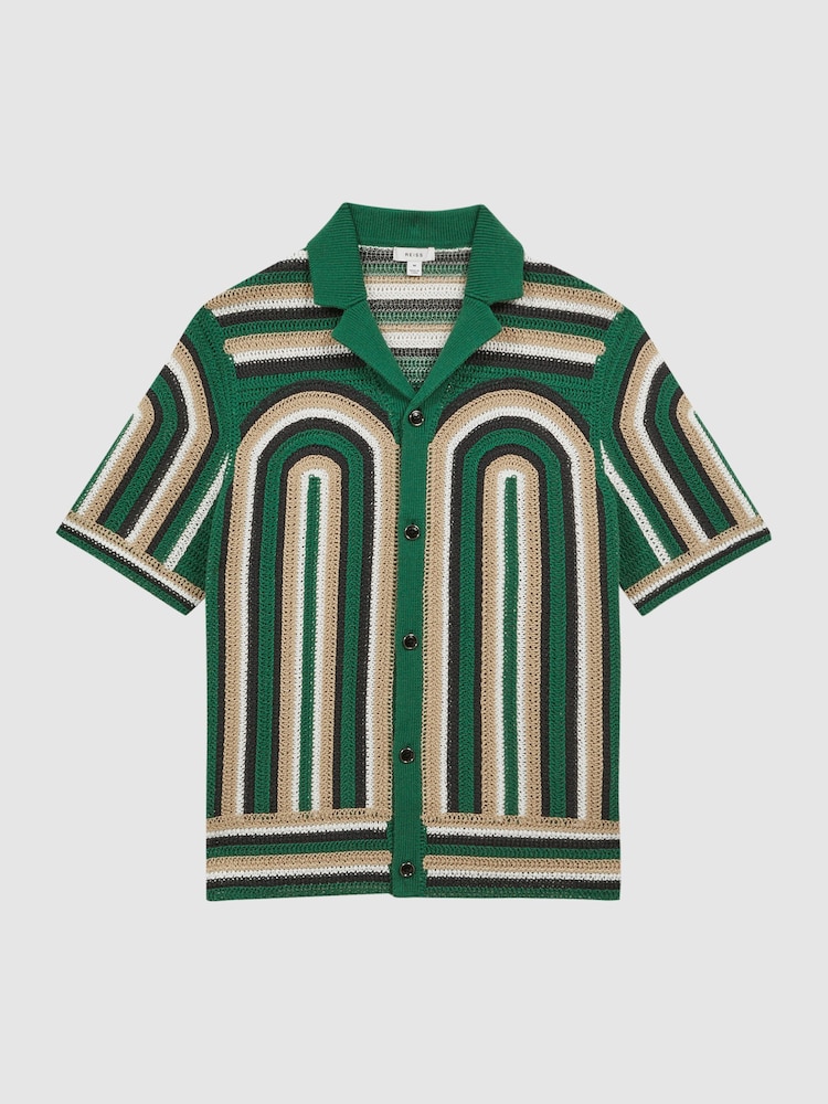 Reiss Bright Green Columbia Crochet Cuban Collar Shirt - Image 2 of 4