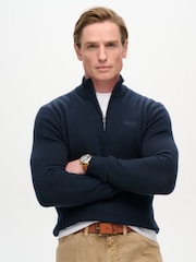 Superdry Navy Marl Essential Embroidered Knit Quarter Zip Jumper - Image 1 of 5