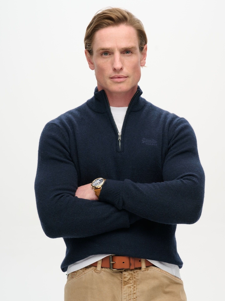 Superdry Navy Marl Essential Embroidered Knit Quarter Zip Jumper - Image 1 of 5
