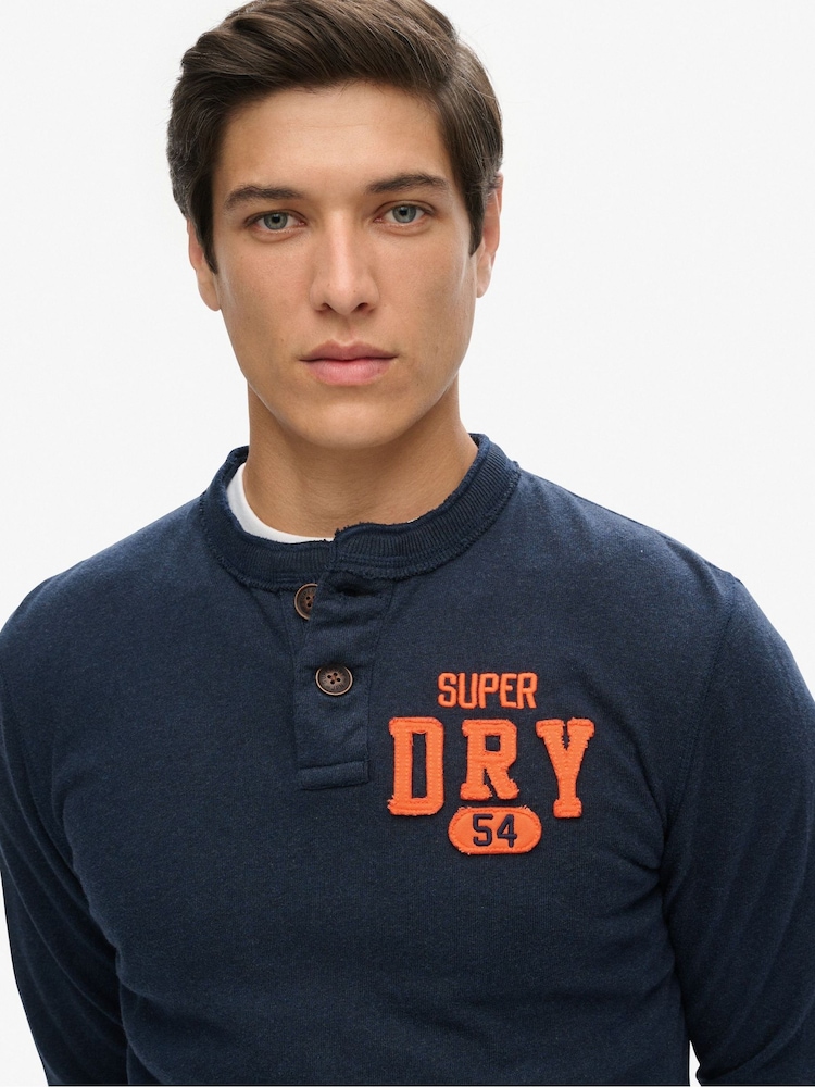 Superdry Blue Grandad Vintage Athletic Long Sleeve 100% Cotton T-Shirt - Image 3 of 5