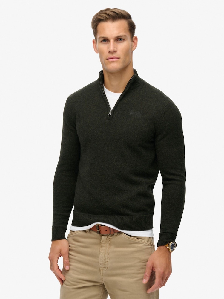 Superdry Dark Moss Marl Essential Embroidered Knit Quarter Zip Jumper - Image 1 of 6