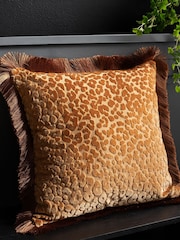 Rockett St George Brown Leopard Love Cut Velvet Fringe Cushion - Image 1 of 4