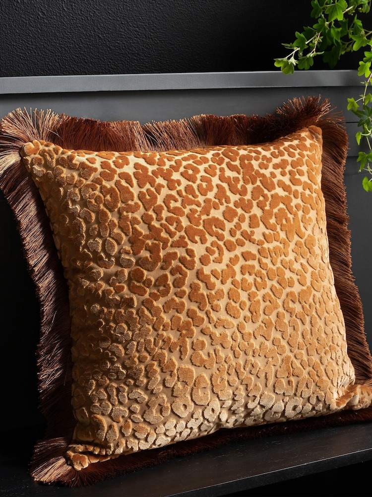 Rockett St George Brown Leopard Love Cut Velvet Fringe Cushion - Image 1 of 4 Rockett St George Brown Leopard Love Cut Velvet Fringe Cushion - Image 1 of 4