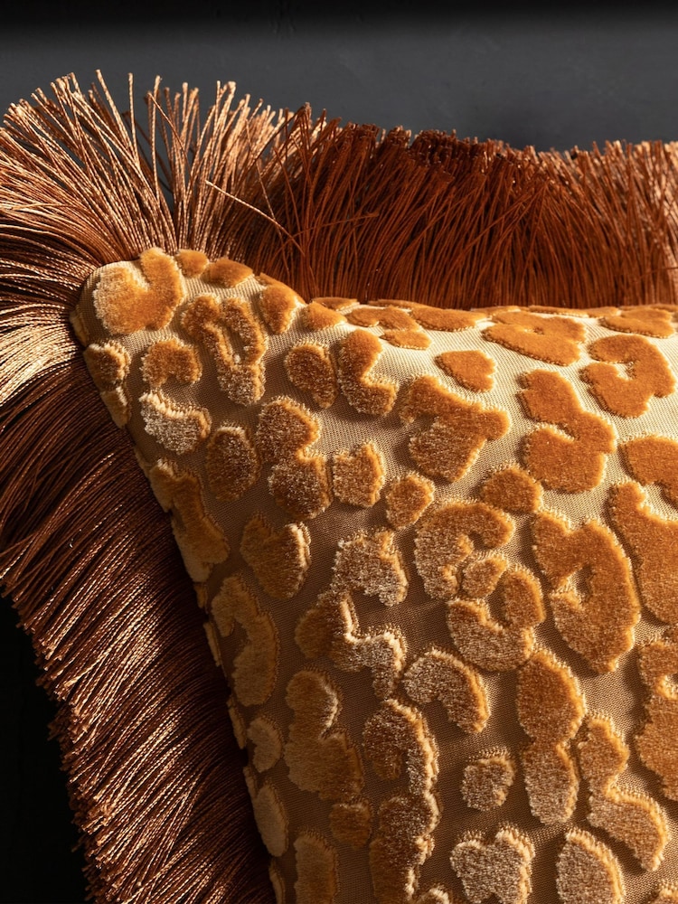 Rockett St George Brown Leopard Love Cut Velvet Fringe Cushion - Image 2 of 4 Rockett St George Brown Leopard Love Cut Velvet Fringe Cushion - Image 2 of 4