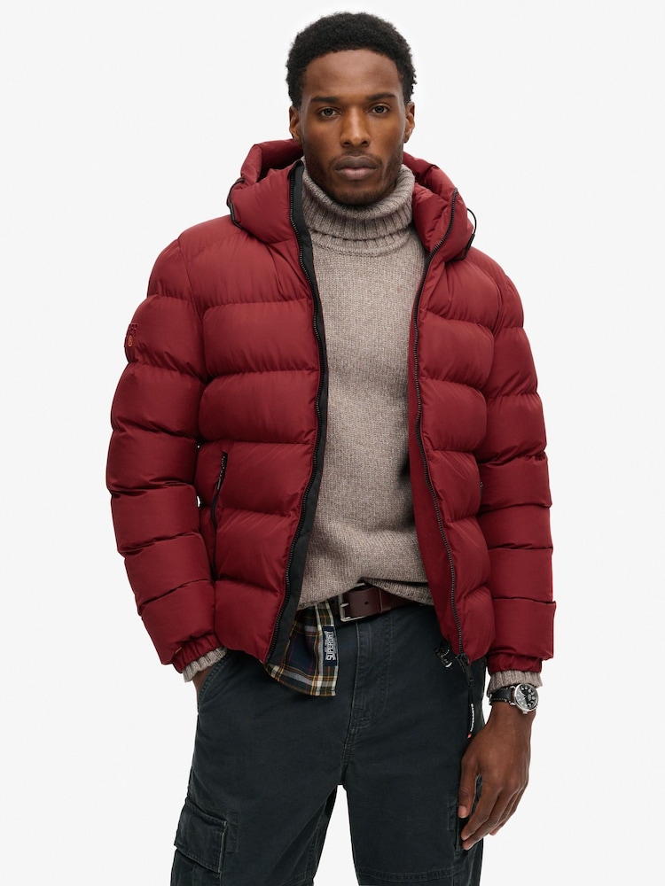 Superdry Red Hooded Sports Water-Repellent Puffer Coat Jacket - Image 1 of 4 Superdry Red Hooded Sports Water-Repellent Puffer Coat Jacket - Image 1 of 4