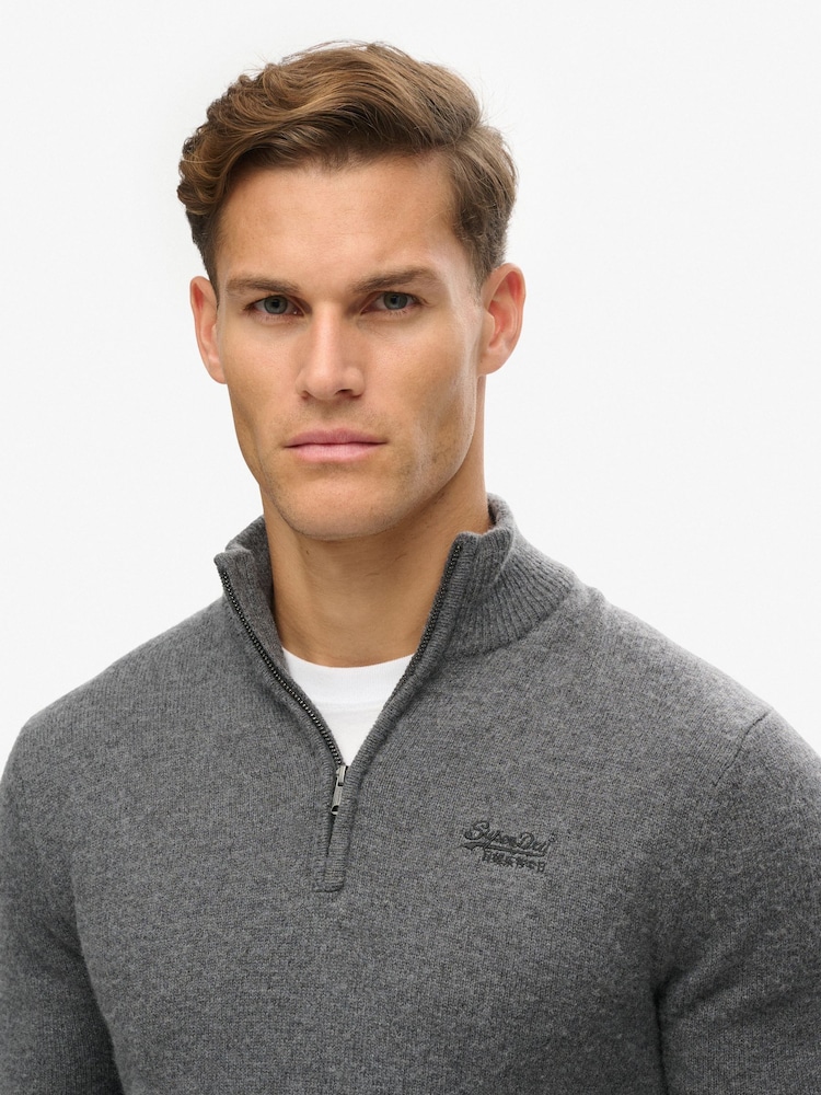 Superdry Gull Grey Marl Essential Embroidered Knit Quarter Zip Jumper - Image 3 of 7