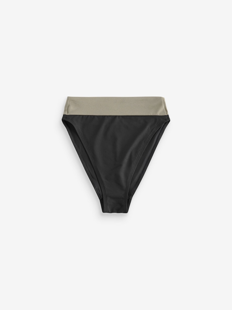 Black/Khaki High Shine Colourblock High Waist High Leg Bikini Bottoms - Image 5 of 5 Black/Khaki High Shine Colourblock High Waist High Leg Bikini Bottoms - Image 5 of 5