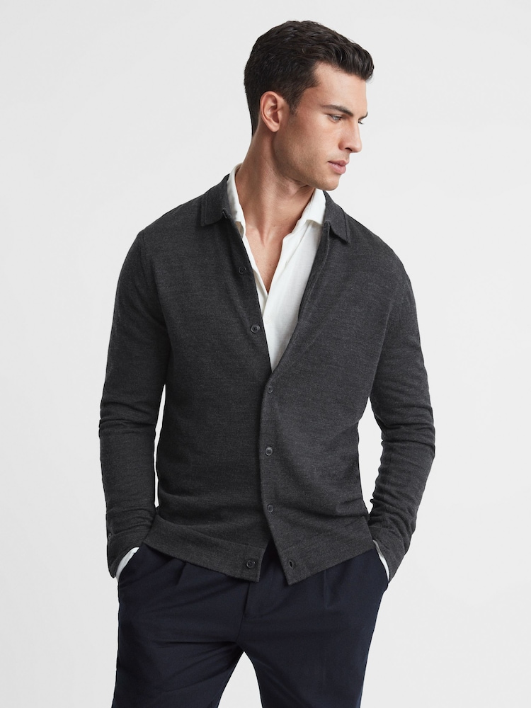 Reiss Charcoal Forbes Merino Wool Button-Through Cardigan - Image 1 of 5