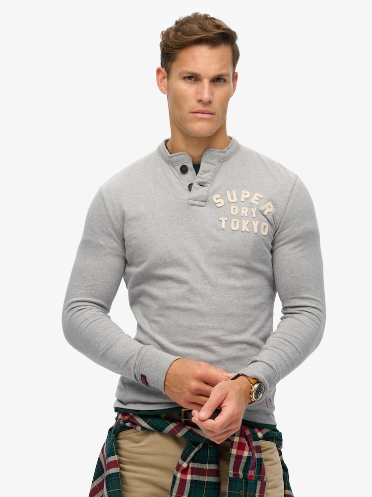 Superdry Grey Grandad Vintage Athletic Long Sleeve 100% Cotton T-Shirt - Image 1 of 6