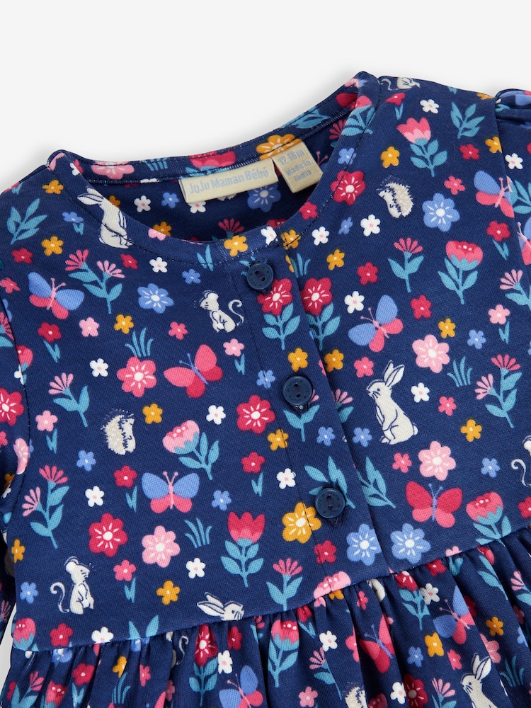 JoJo Maman Bébé Navy Blue Hedgerow Friends Button Front Dress - Image 5 of 5