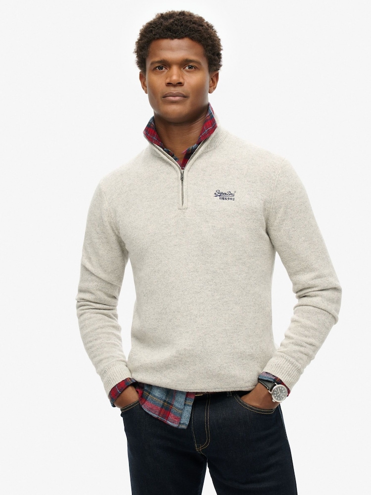 Superdry Athletic Grey Marl Essential Embroidered Knit Quarter Zip Jumper - Image 1 of 6