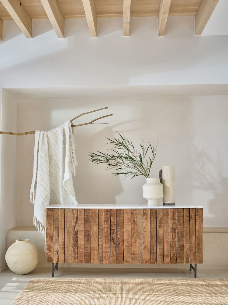 French Connection Natural Slatted and Solid Marble Top Large Stanton Sideboard - Image 1 of 9