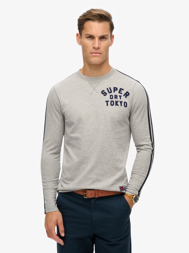 Superdry Grey 100% Cotton Vintage Athletic Long Sleeve Striped T-Shirt - Image 1 of 6
