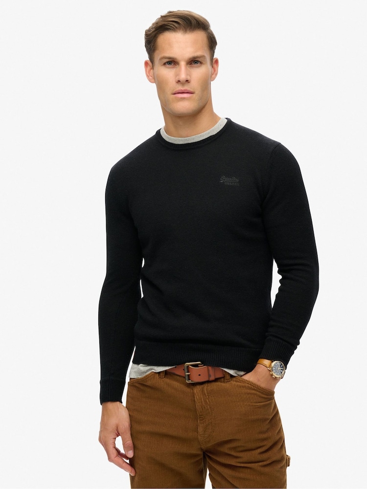 Superdry Black Slim Fit Essential Crew Jumper - Image 1 of 6