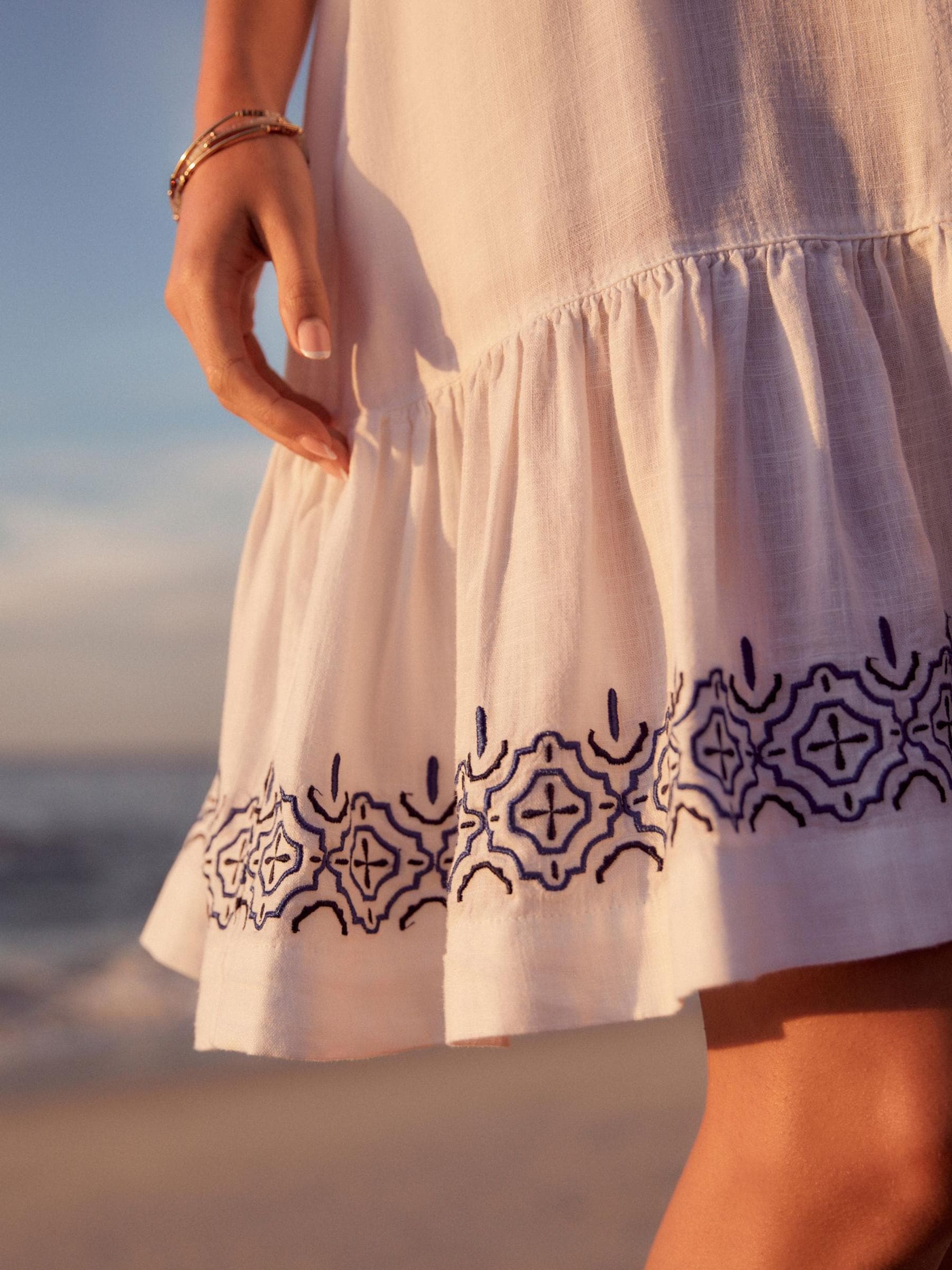 Buy White Linen V Neck Blend Summer Sleeveless Shift Dress from Next Luxembourg