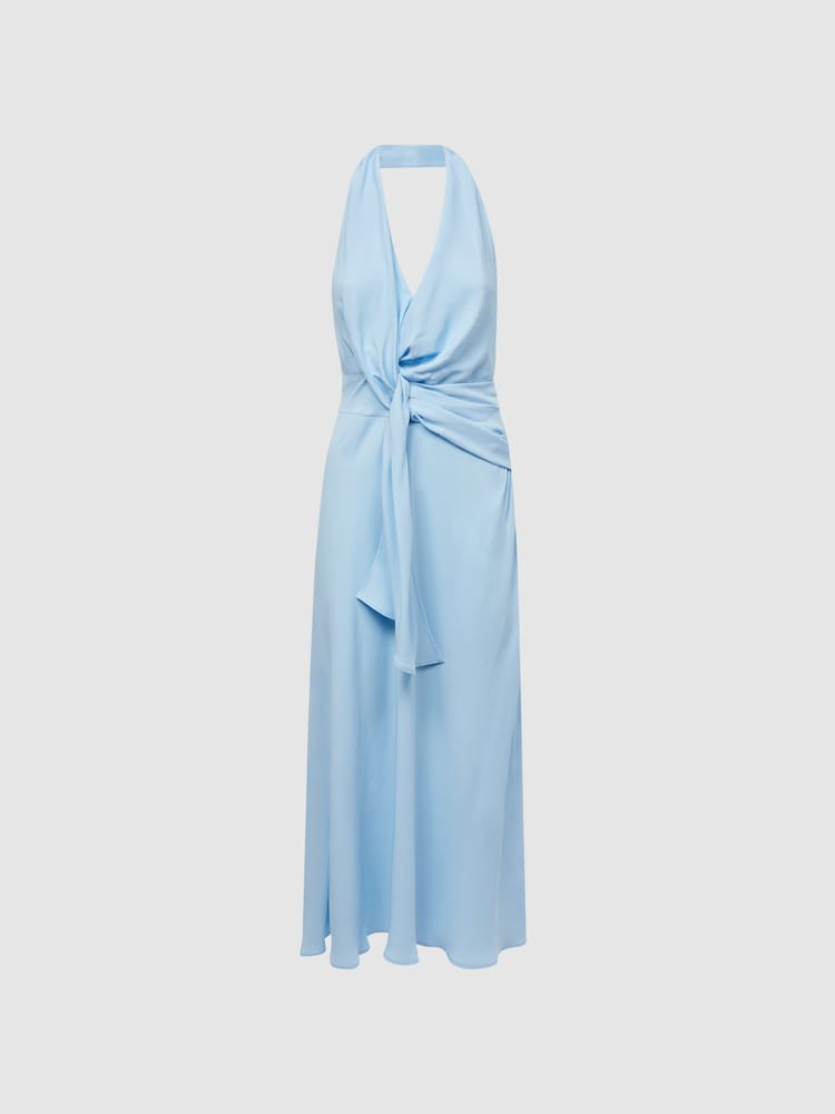 Reiss Blue Amber Halter Neck Tie Detail Midi Dress - Image 2 of 5