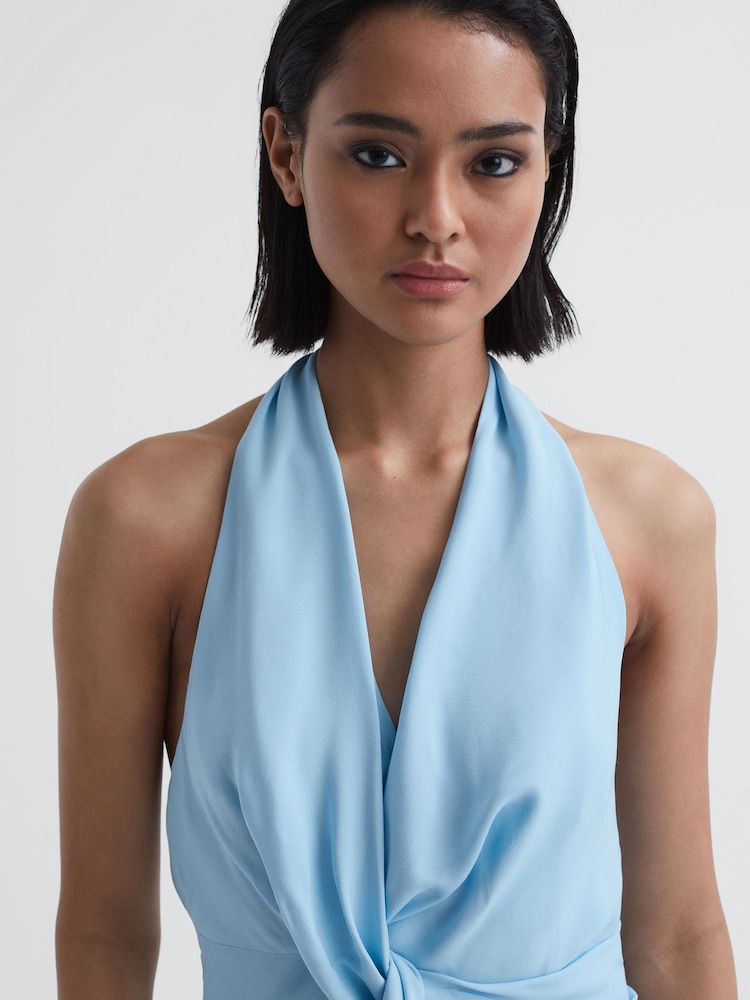 Reiss Blue Amber Halter Neck Tie Detail Midi Dress - Image 3 of 5