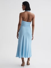Reiss Blue Amber Halter Neck Tie Detail Midi Dress - Image 4 of 5