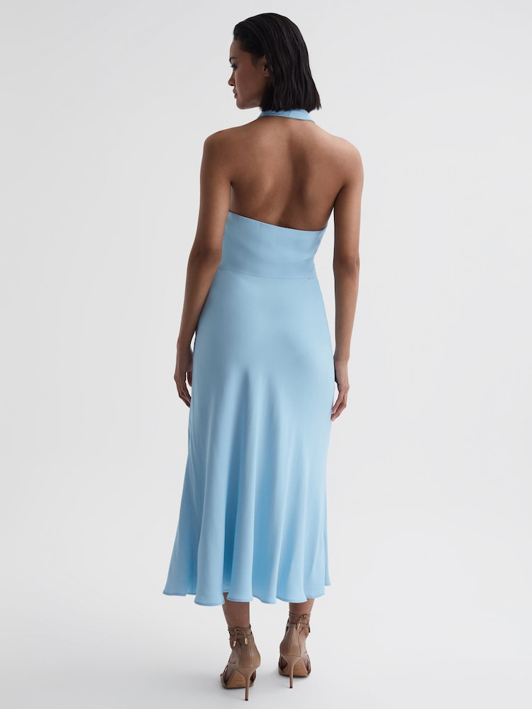 Reiss Blue Amber Halter Neck Tie Detail Midi Dress - Image 4 of 5
