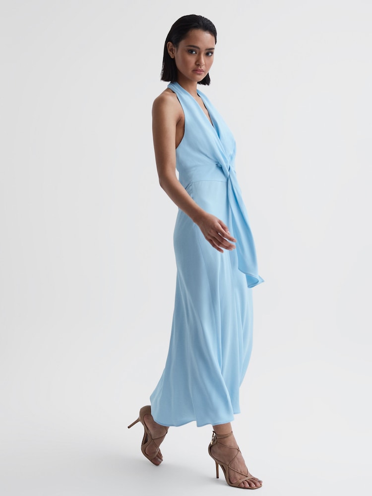 Reiss Blue Amber Halter Neck Tie Detail Midi Dress - Image 5 of 5