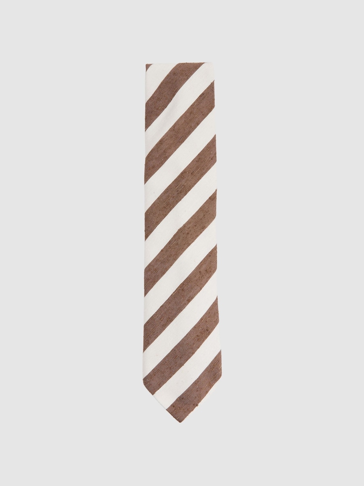 Reiss Chocolate/Ivory Sienna Textured Silk Blend Striped Tie - Image 1 of 5