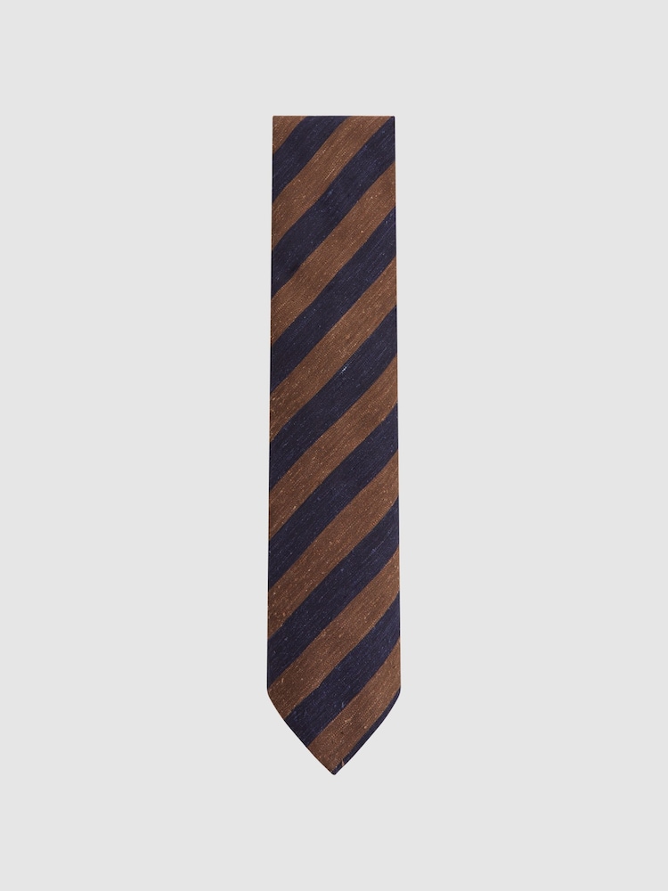 Reiss Tobacco/Navy Sienna Textured Silk Blend Striped Tie - Image 1 of 4