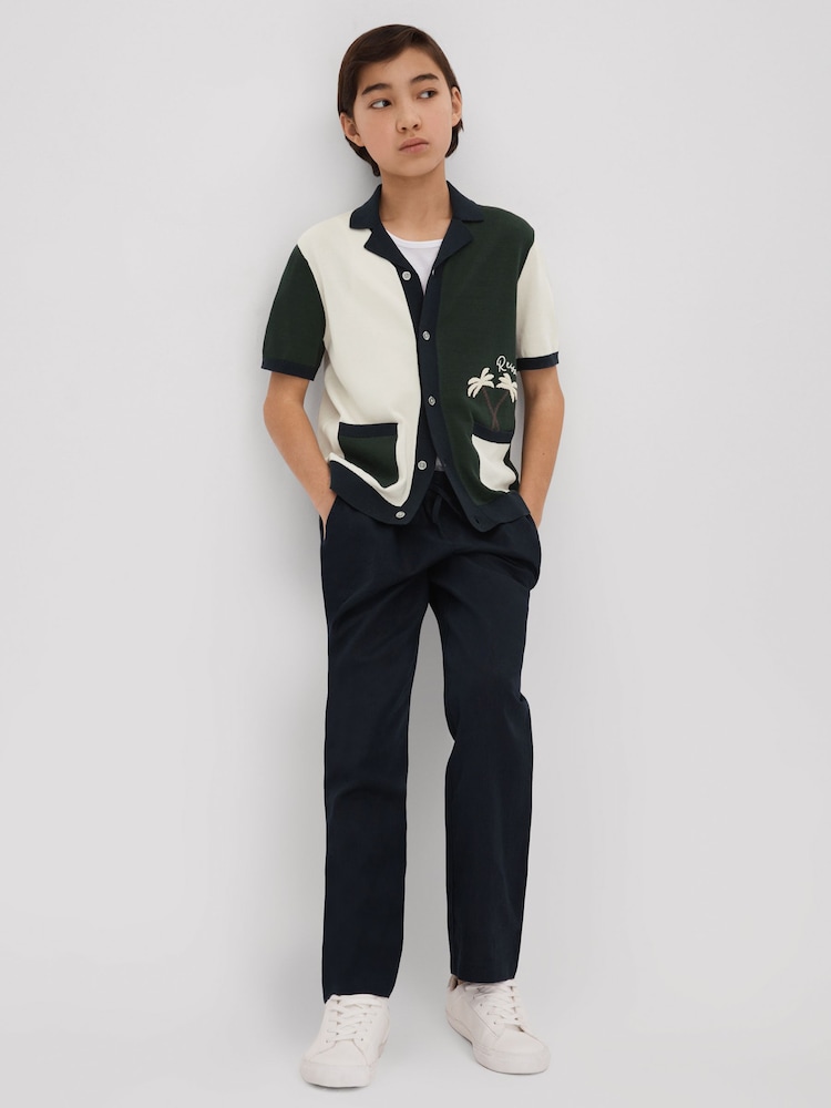 Reiss Green Multi Ata 9-13 yrs Knitted Colourblock Cuban Collar Shirt - Image 1 of 4