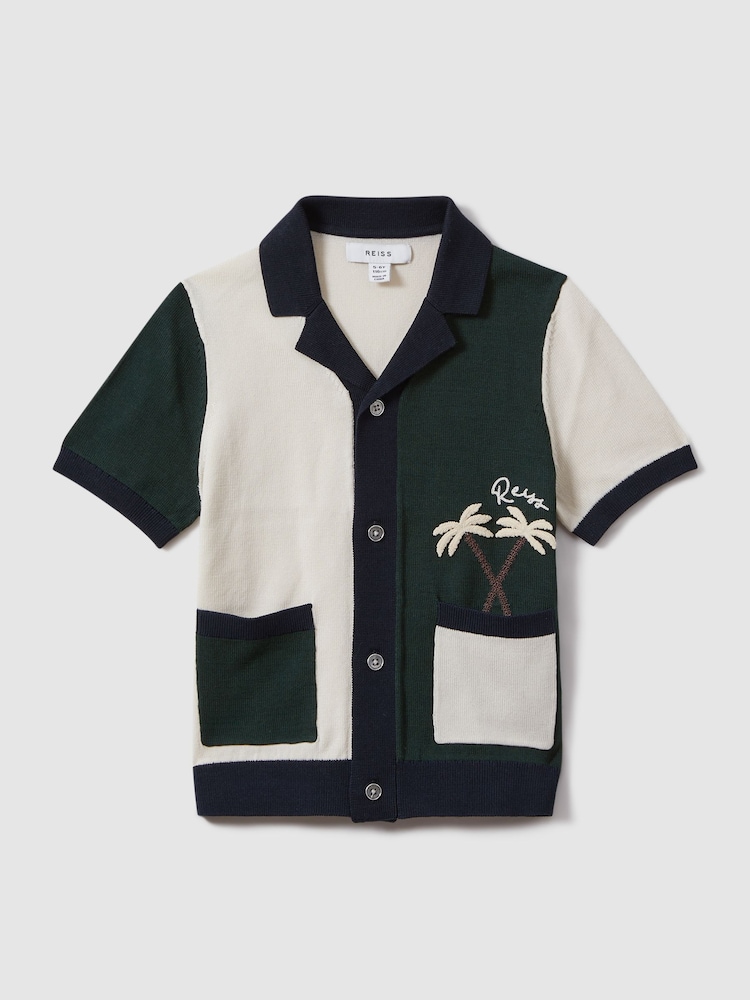 Reiss Green Multi Ata 9-13 yrs Knitted Colourblock Cuban Collar Shirt - Image 2 of 4