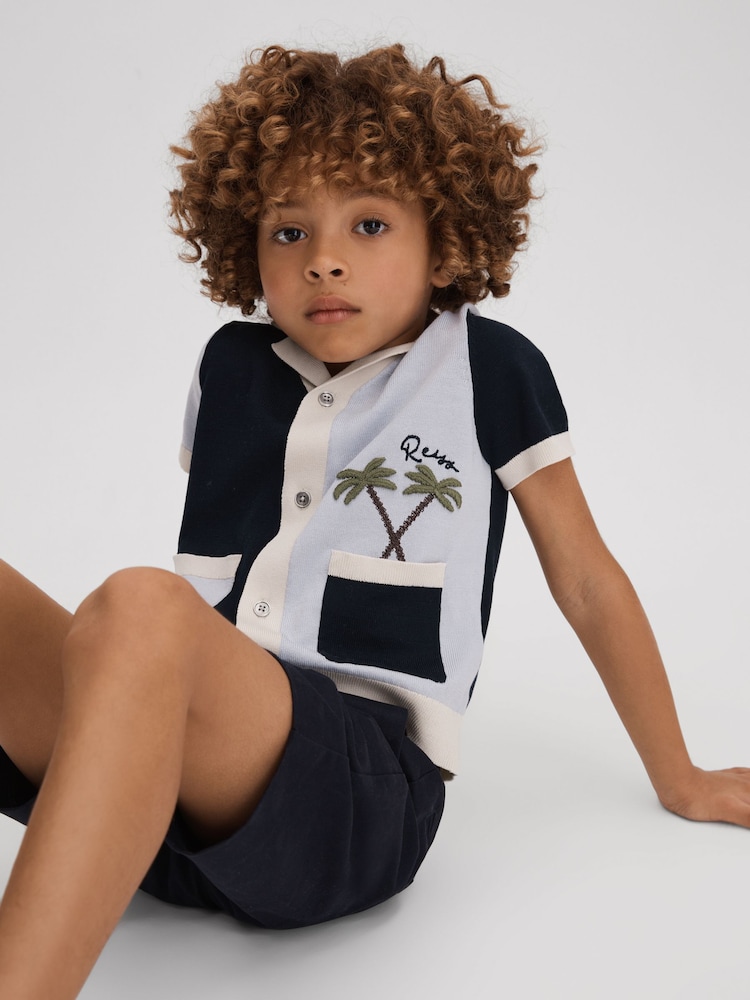 Reiss Blue Multi Ata 9-13 yrs Knitted Colourblock Cuban Collar Shirt - Image 1 of 4