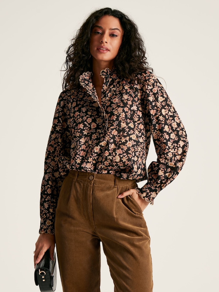 Joules Perla Black/Cream Scallop Collar Floral Blouse - Image 1 of 9