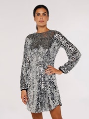 Apricot Silver Sequin Puff Sleeve Tie Waist Dress - Image 1 of 4