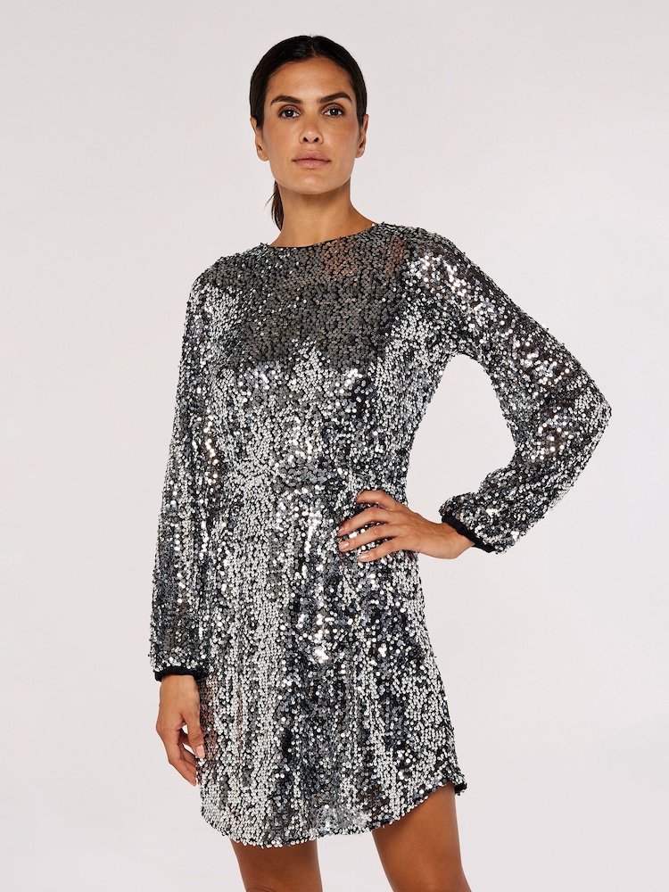 Apricot Silver Sequin Puff Sleeve Tie Waist Dress - Image 1 of 4